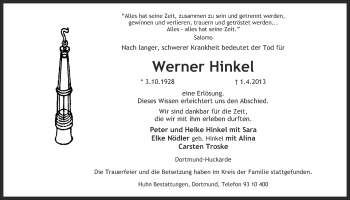 Traueranzeige von Werner Hinkel von Ruhr Nachrichten