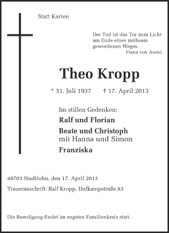 Traueranzeige von Theo Kropp von Münstersche Zeitung und Münsterland Zeitung