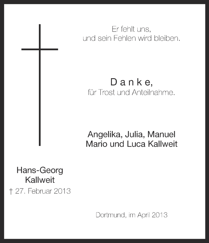  Traueranzeige für Hans-Georg Kallweit vom 20.04.2013 aus Ruhr Nachrichten