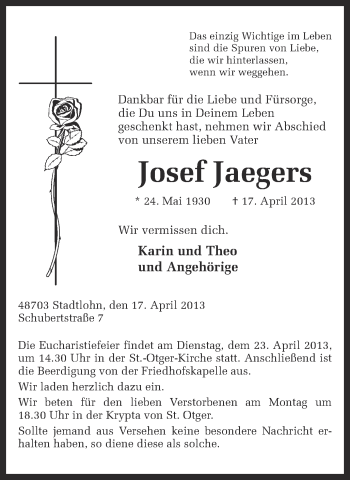 Traueranzeige von Josef Jaegers von Münstersche Zeitung und Münsterland Zeitung