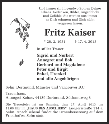 Traueranzeige von Fritz Kaiser von Ruhr Nachrichten