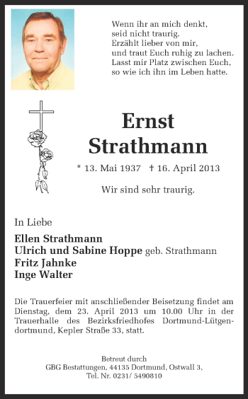 Traueranzeige von Ernst Strathmann von Ruhr Nachrichten