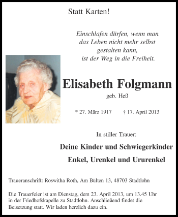Traueranzeige von Elisabeth Folgmann von Münstersche Zeitung und Münsterland Zeitung