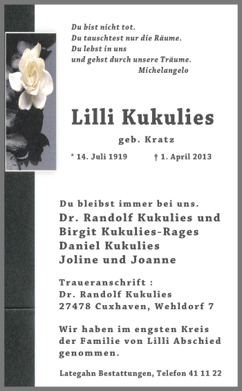 Traueranzeige von Lilli Kukulies von Ruhr Nachrichten