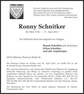 Traueranzeige von Ronny Schnitker von Münstersche Zeitung und Grevener Zeitung