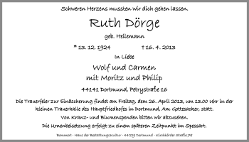 Traueranzeige von Ruth Dörge von Ruhr Nachrichten