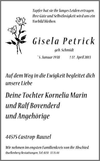 Traueranzeige von Gisela Petrick von Ruhr Nachrichten