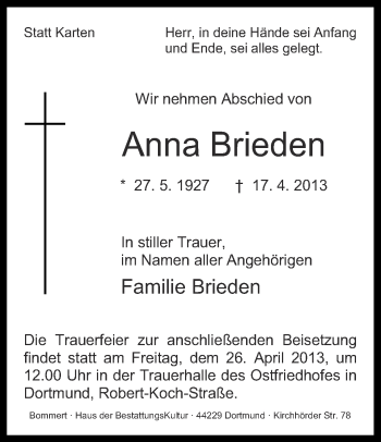Traueranzeige von Anna Brieden von Ruhr Nachrichten