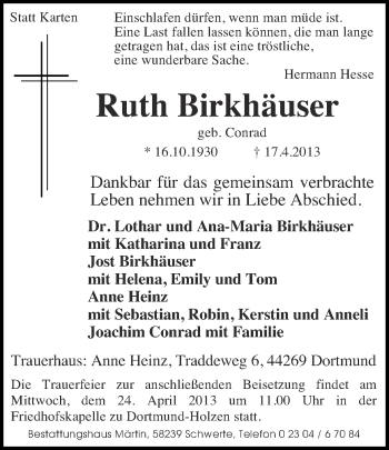 Traueranzeige von Ruth Birkhäuser von Ruhr Nachrichten