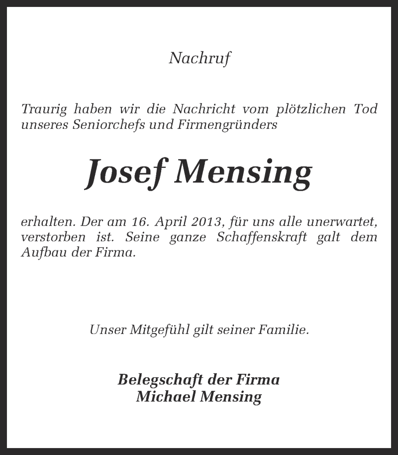  Traueranzeige für Josef Mensing vom 22.04.2013 aus 