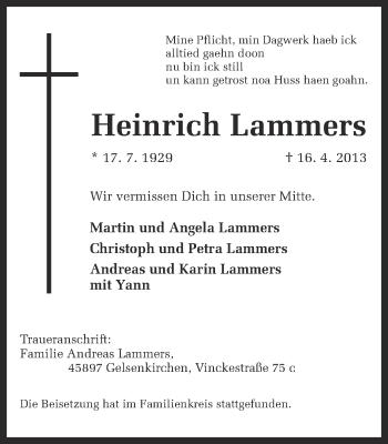 Traueranzeige von Heinrich Lammers von Ruhr Nachrichten