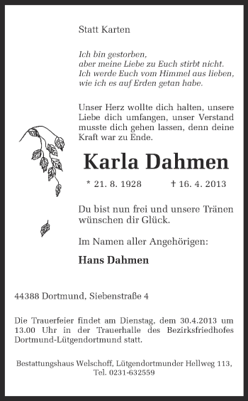 Traueranzeige von Karla Dahmen von Ruhr Nachrichten