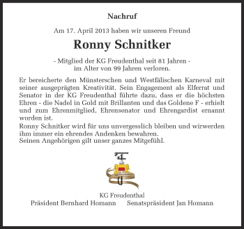Traueranzeige von Ronny Schnitker von Münstersche Zeitung und Grevener Zeitung