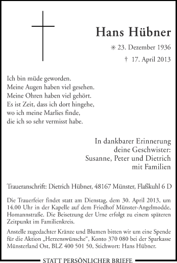 Traueranzeige von Hans Hübner von Münstersche Zeitung und Grevener Zeitung
