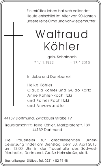 Traueranzeige von Waltraud Köhler von Ruhr Nachrichten