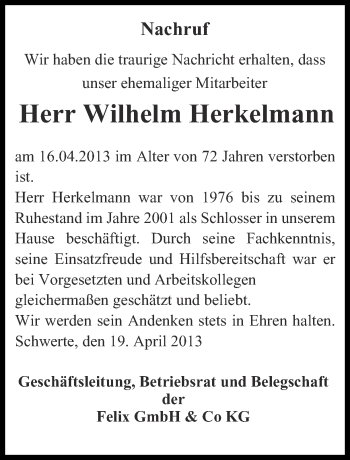 Traueranzeige von Wilhelm Herkelmann von Ruhr Nachrichten
