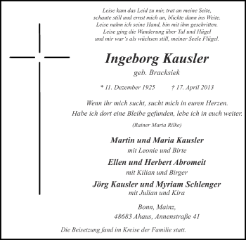 Traueranzeige von Ingeborg Kausler von Münstersche Zeitung und Münsterland Zeitung