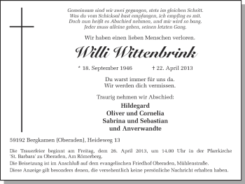 Traueranzeige von Willi Wittenbrink von Ruhr Nachrichten