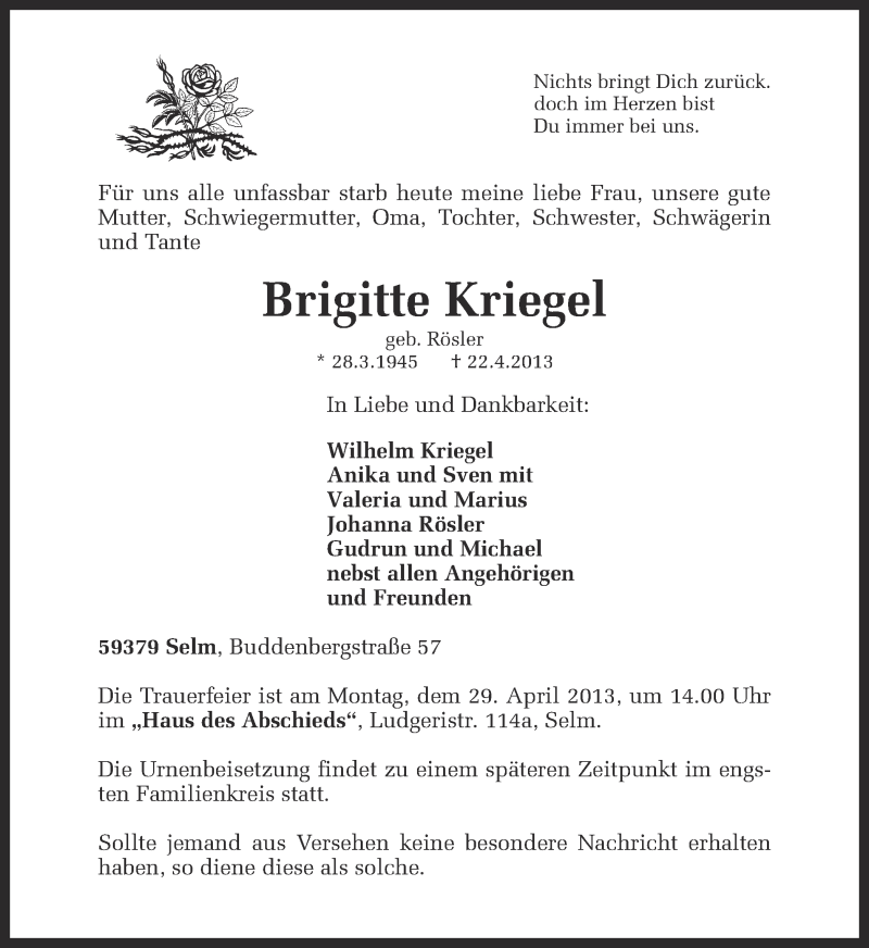  Traueranzeige für Brigitte Kriegel vom 25.04.2013 aus Ruhr Nachrichten