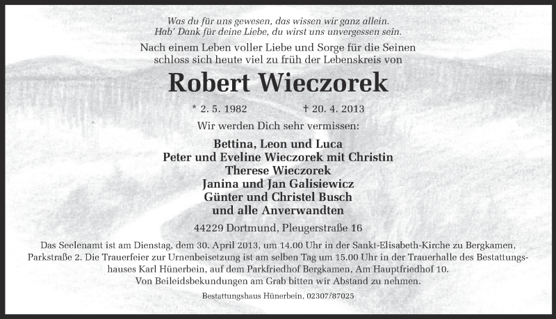  Traueranzeige für Robert Wieczorek vom 25.04.2013 aus Ruhr Nachrichten