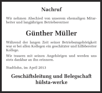 Traueranzeige von Günther Müller von Münstersche Zeitung und Münsterland Zeitung