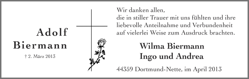  Traueranzeige für Adolf Biermann vom 25.04.2013 aus Ruhr Nachrichten