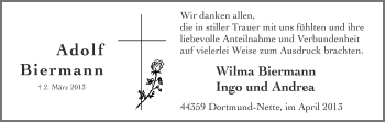 Traueranzeige von Adolf Biermann von Ruhr Nachrichten