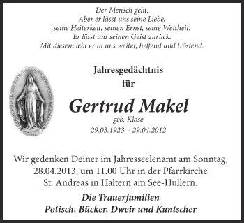 Traueranzeige von Gertrud Makel von Ruhr Nachrichten und Halterner Zeitung