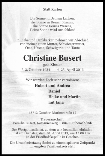 Traueranzeige von Christine Busert von Münstersche Zeitung und Münsterland Zeitung
