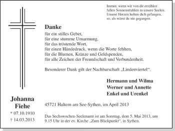 Traueranzeige von Johanna Fiehe von Ruhr Nachrichten und Halterner Zeitung