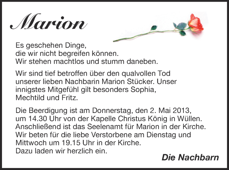  Traueranzeige für Marion Stücker vom 30.04.2013 aus Münstersche Zeitung und Münsterland Zeitung