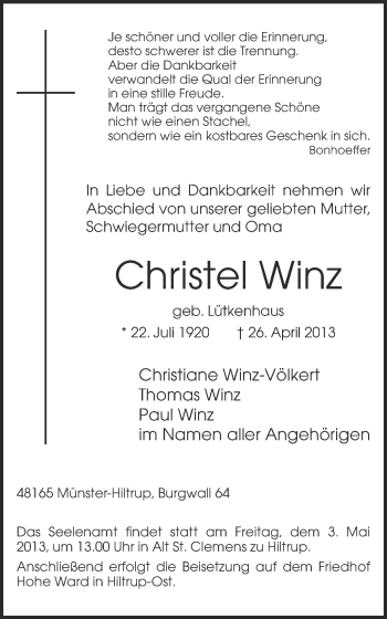 Traueranzeige von Christel Winz von Münstersche Zeitung und Grevener Zeitung