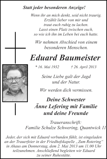 Traueranzeige von Eduard Baumeister von Münstersche Zeitung und Münsterland Zeitung