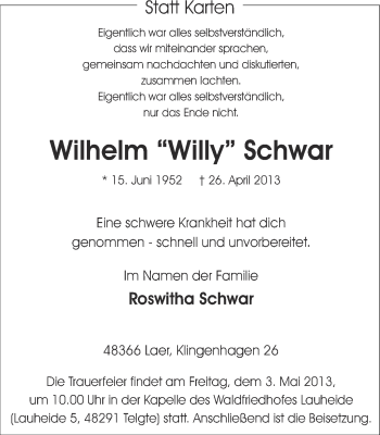 Traueranzeige von Wilhelm Schwar von Münstersche Zeitung, Emsdettener Volkszeitung, Grevener Zeitung und Münsterland Zeitung