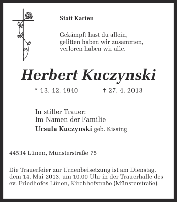 Traueranzeige von Herbert Kuczynski von Ruhr Nachrichten