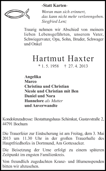 Traueranzeige von Hartmut Haxter von Ruhr Nachrichten