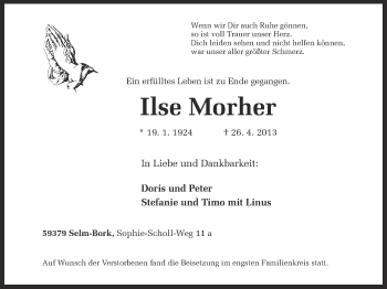 Traueranzeige von Ilse Morher von Ruhr Nachrichten