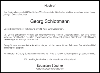 Traueranzeige von Georg Schlotmann von Münstersche Zeitung und Münsterland Zeitung