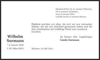 Traueranzeige von Wilhelm Surmann von Münstersche Zeitung und Grevener Zeitung