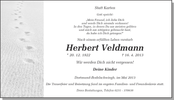 Traueranzeige von Herbert Veldmann von Ruhr Nachrichten