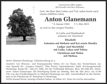 Traueranzeige von Anton Glanemann von Münstersche Zeitung und Grevener Zeitung