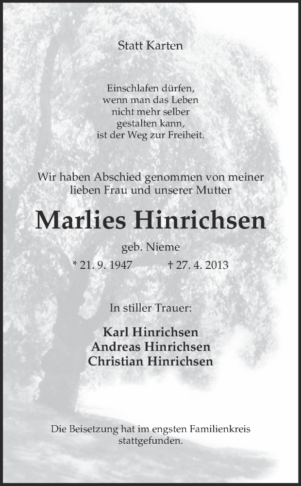  Traueranzeige für Marlies Hinrichsen vom 04.05.2013 aus Ruhr Nachrichten