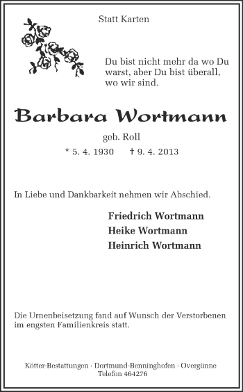 Traueranzeige von Barbara Wortmann von Ruhr Nachrichten