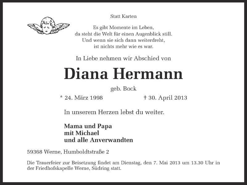 Traueranzeige für Diana Hermann vom 04.05.2013 aus Ruhr Nachrichten