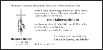 Traueranzeige von Heinrich Hartog von Münstersche Zeitung und Münsterland Zeitung