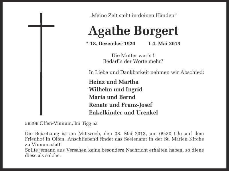  Traueranzeige für Agathe Borgert vom 06.05.2013 aus Ruhr Nachrichten