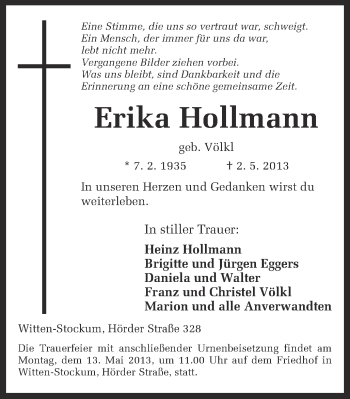Traueranzeige von Erika Hollmann von Ruhr Nachrichten