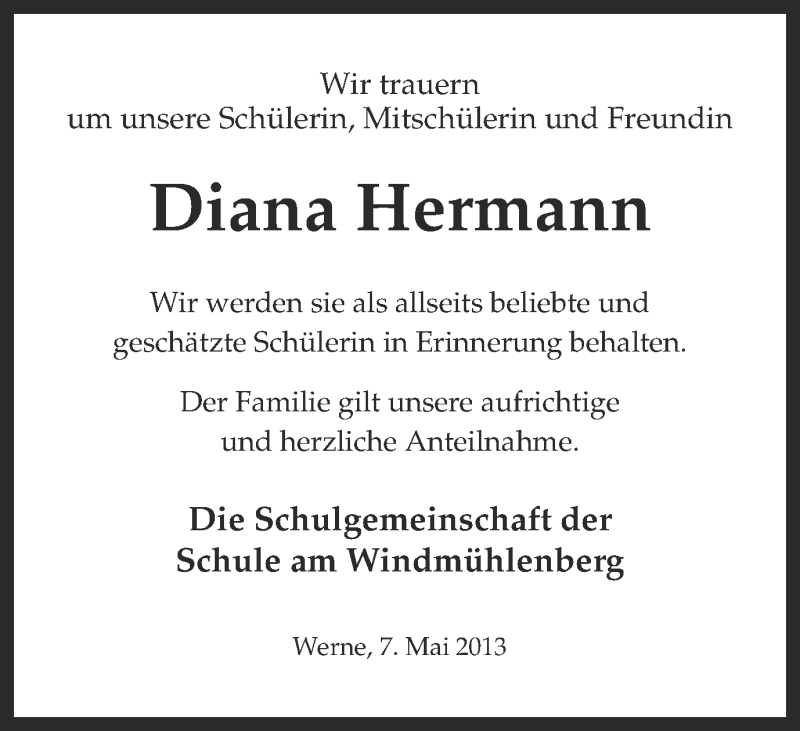  Traueranzeige für Diana Hermann vom 08.05.2013 aus Ruhr Nachrichten