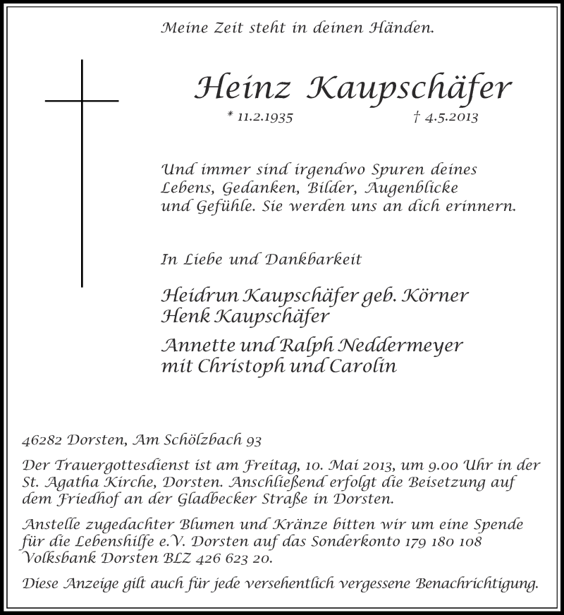  Traueranzeige für Heinz Kaupschäfer vom 07.05.2013 aus Ruhr Nachrichten und Dorstener Zeitung