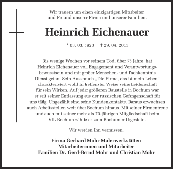 Traueranzeige von Heinrich Eichenauer von Ruhr Nachrichten